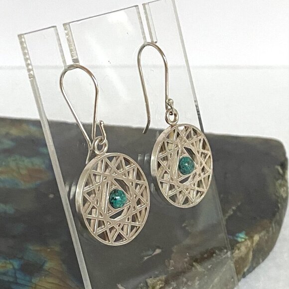 Sterling Silver Openwork Round Mandala Trinity Star Chrysocolla Dangle Earrings - Picture 7 of 16